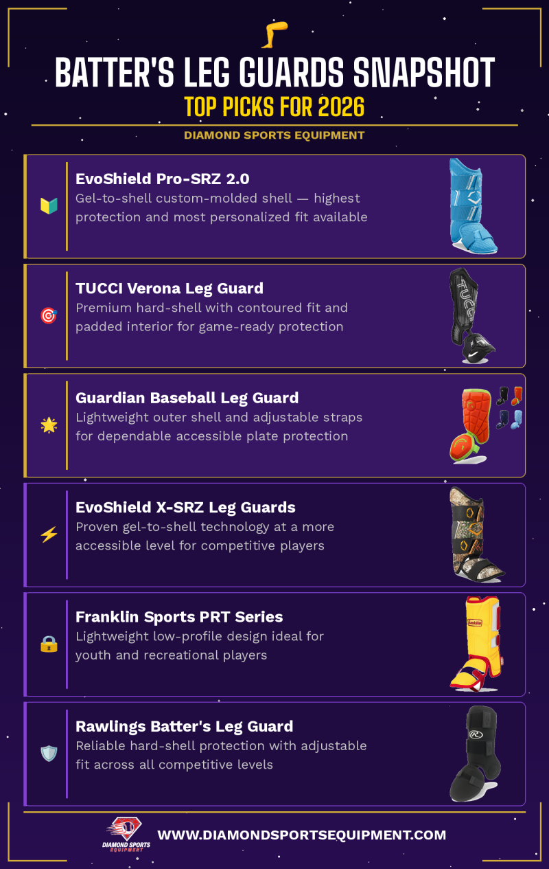  2026 batter's leg guard snapshot graphic ranking six top baseball and softball leg guards for competitive players from Diamond Sports Equipment.
