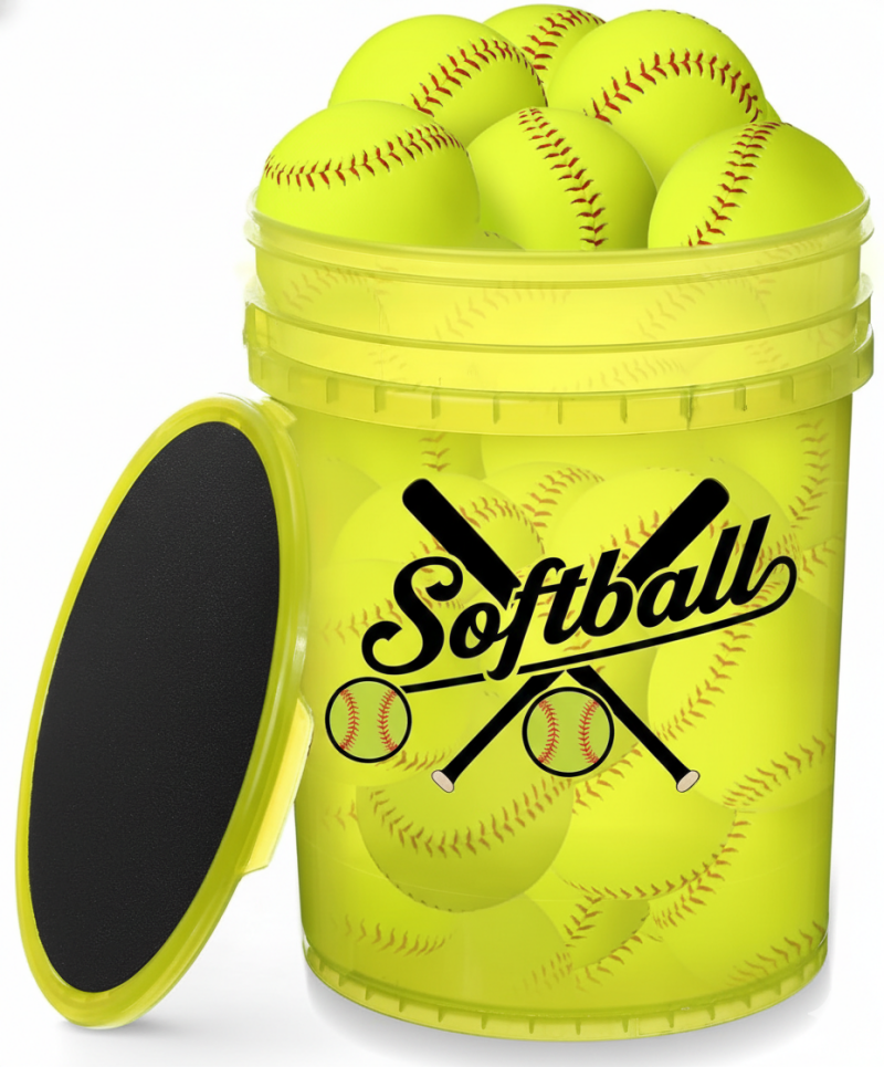 Lewtemi 18-pack practice softballs with storage bucket for team training, drills, and batting practice.