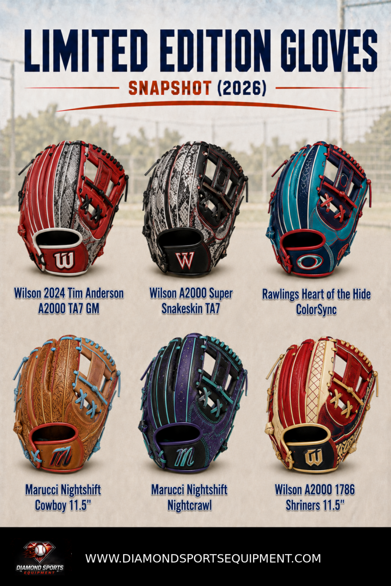 Limited edition baseball gloves snapshot featuring Wilson A2000, Rawlings Heart of the Hide, and Marucci Nightshift colorways.