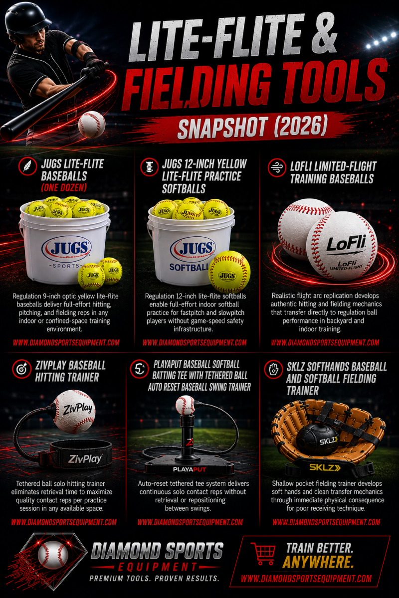 Lite-Flite baseballs and fielding training tools snapshot featuring JUGS Lite-Flite baseballs, limited-flight training balls, tethered batting trainers, fielding trainers, and Diamond Sports Equipment branding.
