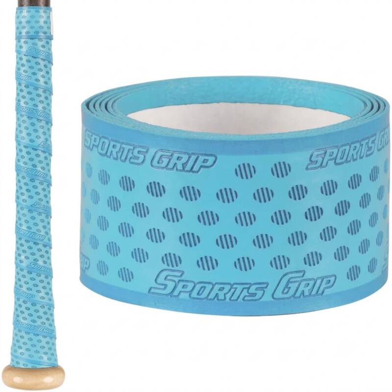 Lizard Skins DSP Ultra 0.5mm bat grip in light blue with micro-dot texture and wrapped bat handle shown.