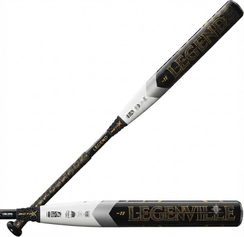 Louisville Slugger 2024 Meta Fastpitch Bats: -11/-10/-9/-8 Drop, a black and gold bat with a metallic textured grip and gold lettering.
