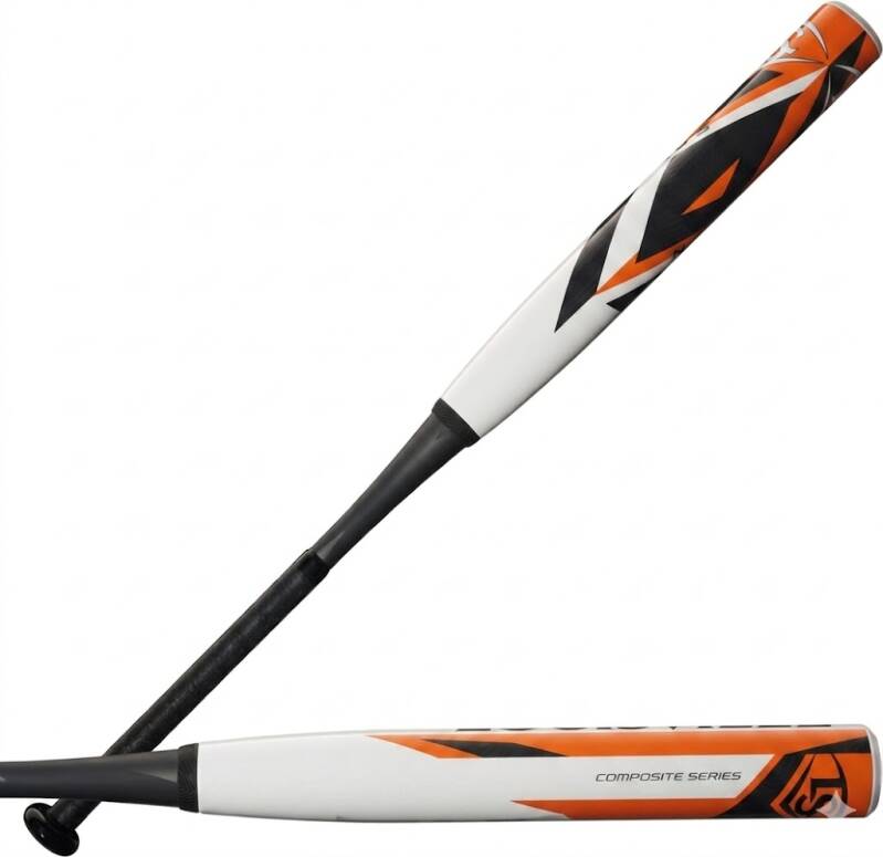 A fastpitch softball bat with an orange and white composite barrel on a solid white background.