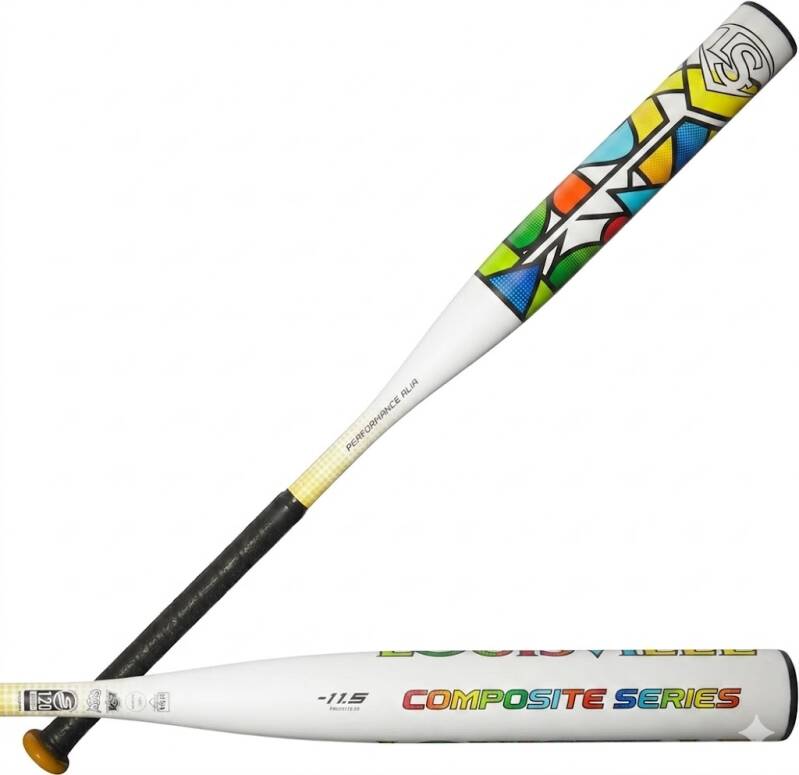 A white fastpitch softball bat with a colorful abstract geometric pattern and the text "COMPOSITE SERIES" on a solid white background.