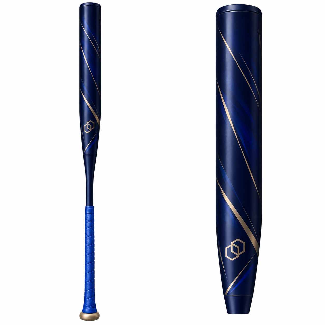 A navy and gold slowpitch softball bat with a blue grip on a white background.