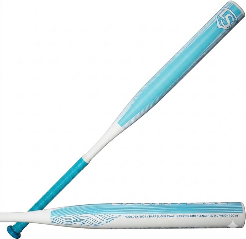 A light blue fastpitch softball bat with white stripes on the barrel and wave graphics near the handle, featuring 'MODEL LX 2024' text.