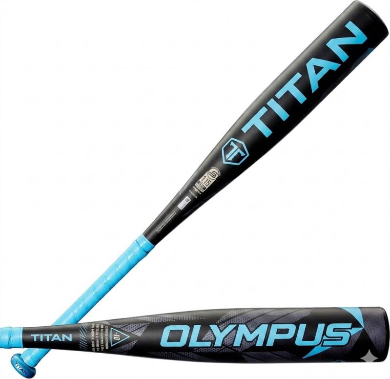 A studio photograph of two black and light blue baseball bats on a white background. One bat is positioned diagonally, and the other horizontally, crossing over the first one near the handle.