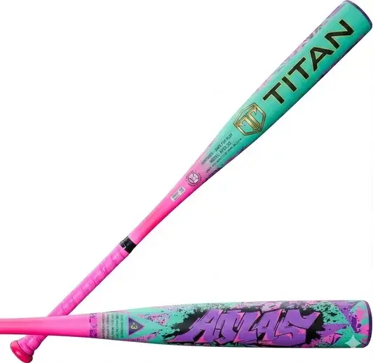 Two crossed baseball bats in vibrant pink, teal, and purple with "TITAN" and "ATLAS" branding in a graffiti-style design on a white background.