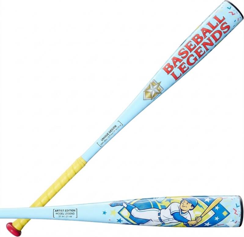 A white baseball bat features the words "BASEBALL LEGENDS" in red text and a shield with a star below it, set against a light blue, confetti-filled background. Below that, on a plain light blue bat, is a cartoon illustration of a baseball player wearing b