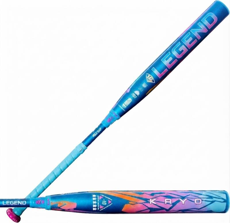 Louisville Slugger 2026 Kryo Love The Moment™ (-10) Fastpitch Softball Bat, a blue bat fading into a pink and orange geometric graphic with a light blue grip and pink end cap.