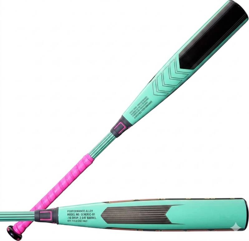 Teal bat with pink handle on neutral background. 