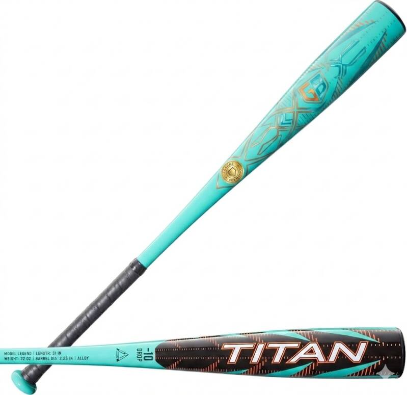 A turquoise and black horizontal bat with bold orange-outlined white "TITAN" branding and geometric details, designed as a -10 drop alloy bat with specified dimensions (31 inches, 22 ounces, 2.25-inch barrel diameter) for premium league play.