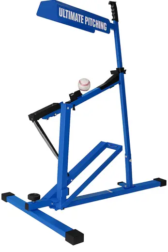 Louisville Slugger Blue Flame Pitching Machine displayed showing its lightweight youth-friendly single-wheel design and adjustable stand.