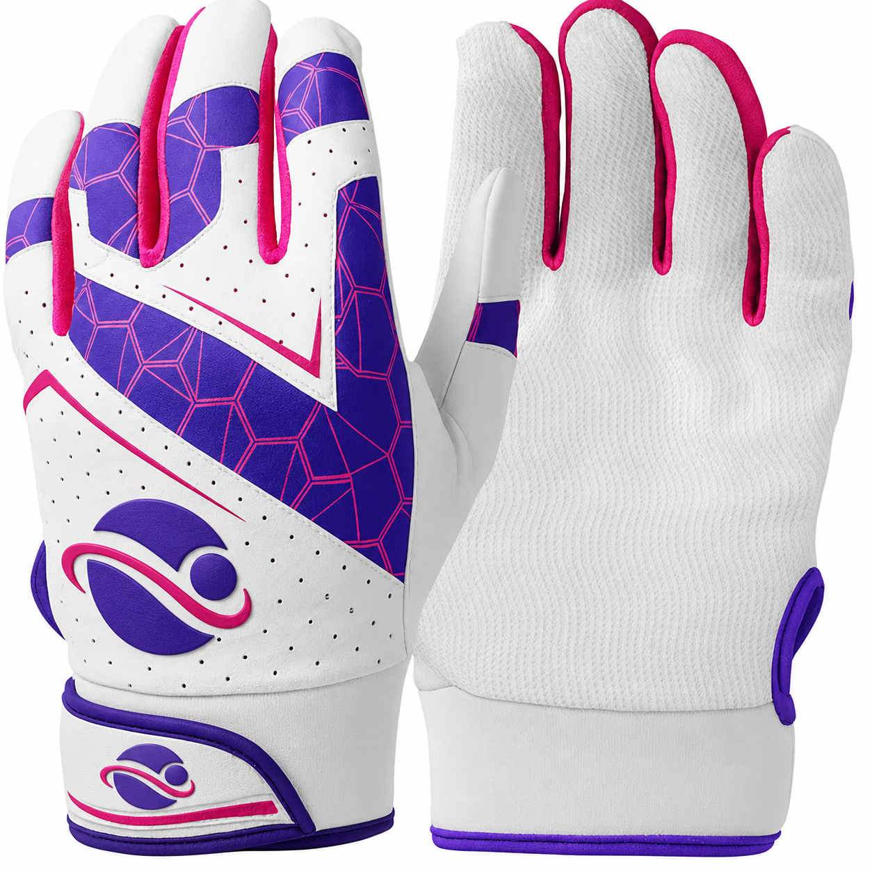 Batting gloves by Louisville Slugger in white, with purple and pink.