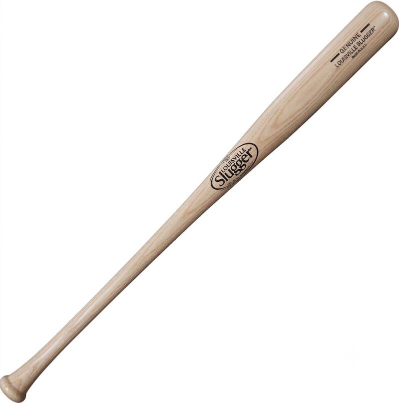 Louisville Slugger Genuine Mix Unfinished Baseball Bat in natural ash wood with the classic Louisville Slugger oval logo on the barrel.