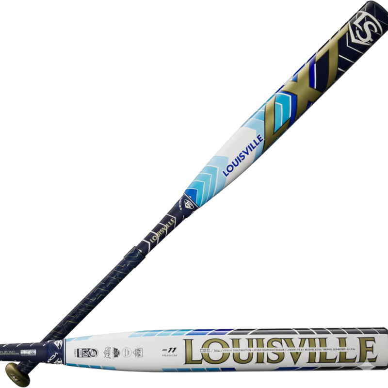 Louisville Slugger 2024 LXT Fastpitch Bat displayed showing its two-piece composite construction and proven -10 drop weight design with iST connection technology.