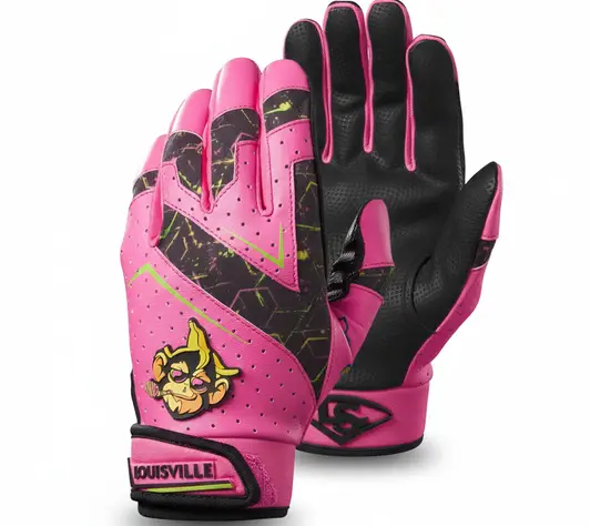 Louisville Slugger Youth Genuine V2 Savannah Bananas and Party Animals Batting Gloves displayed showing their distinctive team-branded colorways and quality youth construction.