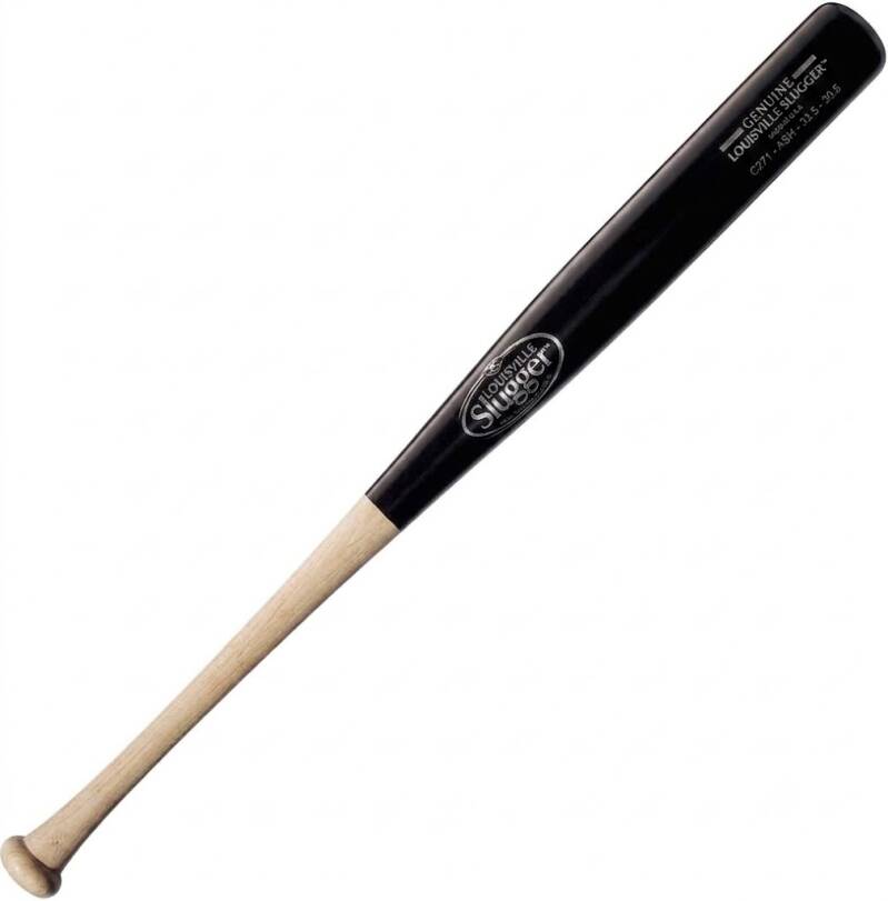 Louisville Slugger Youth Genuine Y125 Natural-Black Baseball Bat in natural and black wood with the Louisville Slugger oval logo, sized for youth players.