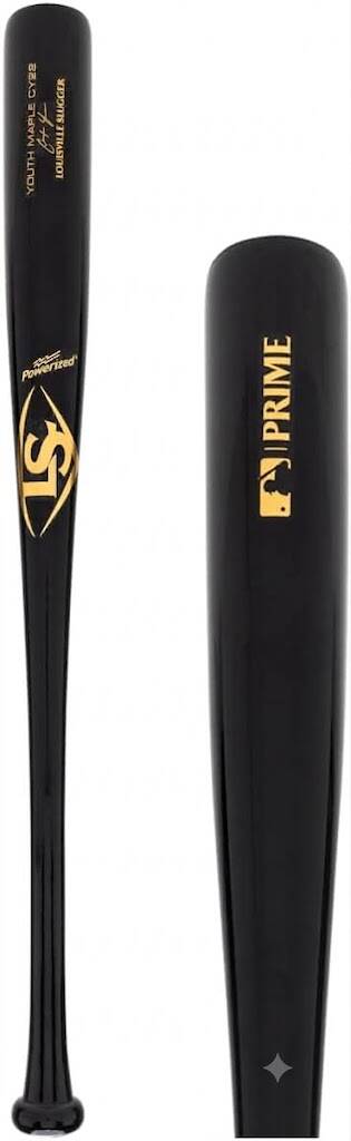Louisville Slugger Youth Prime CY22 Christian Yelich Maple Baseball Bat shown displaying the CY22 signature profile.