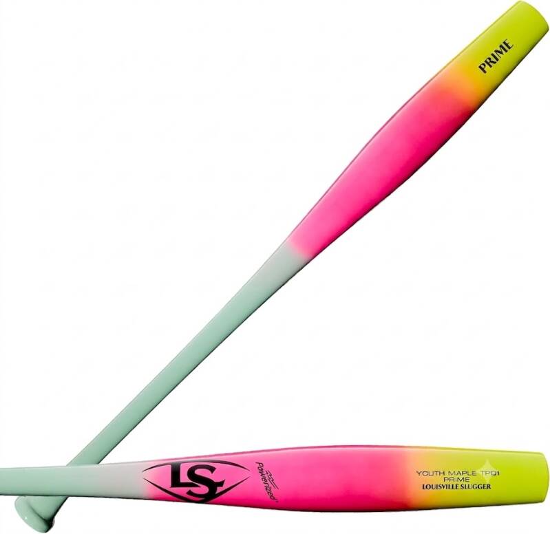 Louisville Slugger Youth Prime TPD1 Torpedo-Shaped Maple Wood Baseball Bats in maple with the Louisville Slugger logo and a torpedo barrel shape, sized for youth players.