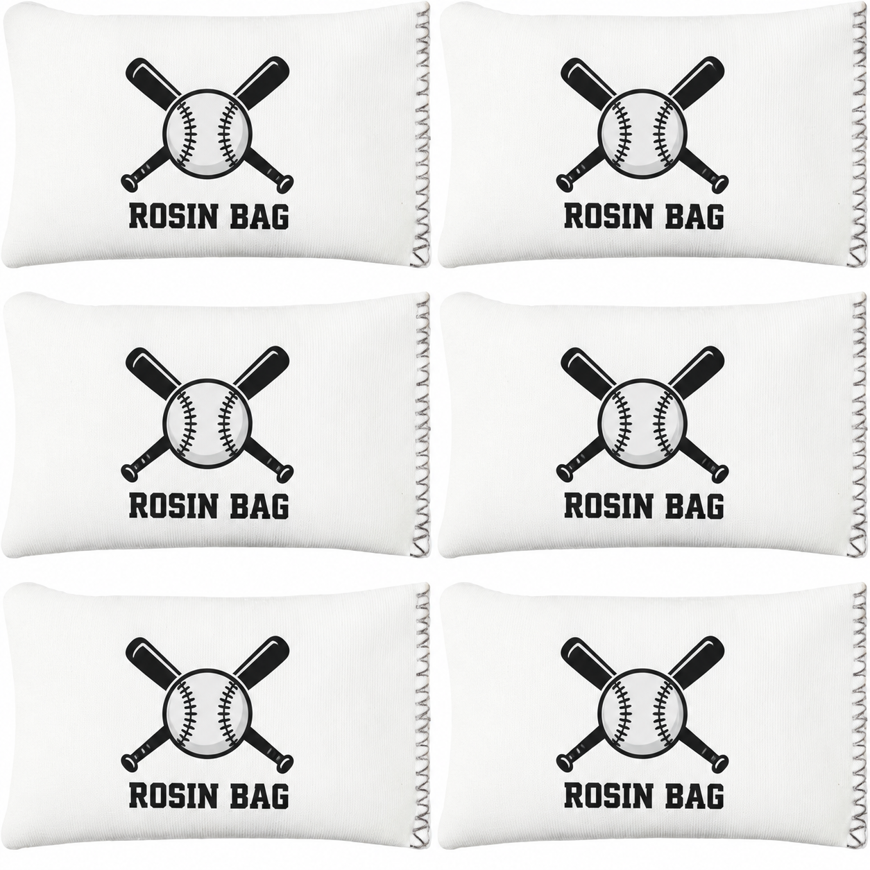 Rosin bags by Lounsweer, six white pouches with gray zigzag-stitched edges.