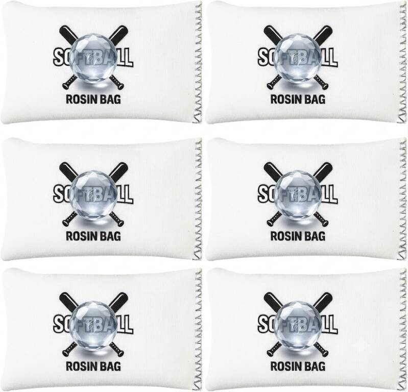 Lounsweer 6 Pcs rosin bags for softball pitchers and fielders, white 6-pack with crossed bats logo on each bag.