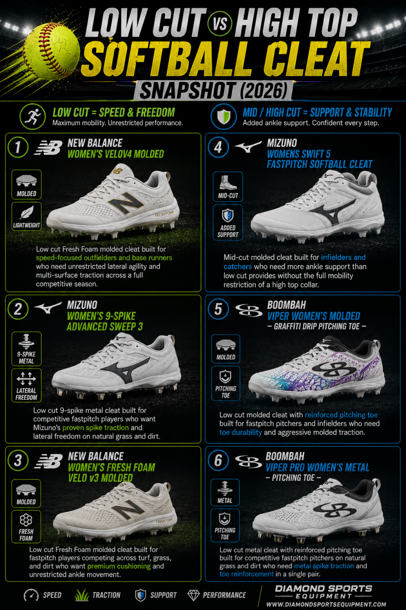 Low cut vs high top softball cleat snapshot featuring New Balance Fresh Foam softball cleats, Mizuno Swift fastpitch cleats, Boombah Viper softball cleats, and Diamond Sports Equipment branding.