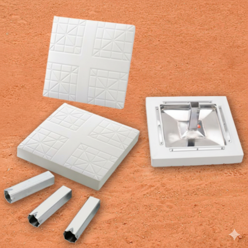 MacGregor Major League Bases with Anchors complete set in Major League-style rubber construction with anchor hardware for full regulation anchored diamond installation.