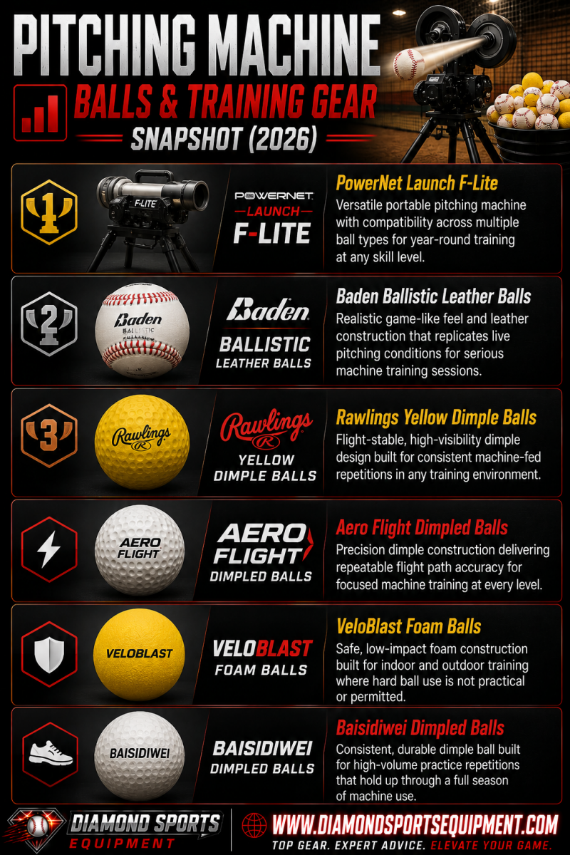 PowerNet Launch F-Lite, Baden Ballistic Leather Balls, Rawlings Yellow Dimple Balls, Aero Flight Dimpled Balls, VeloBlast Foam Balls, and Baisidiwei Dimpled Balls comparison for 2026.