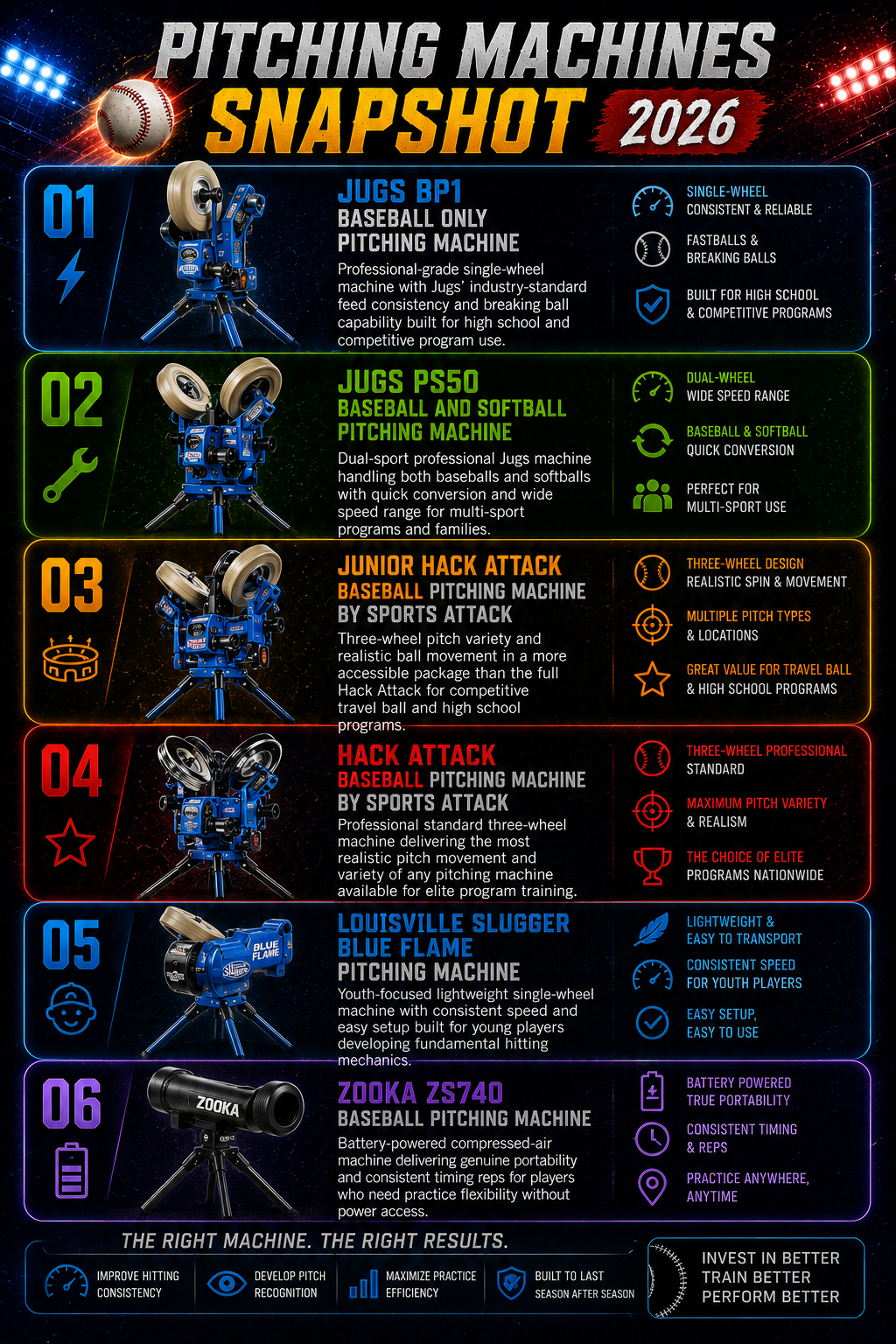 Pitching machines snapshot infographic featuring JUGS, Sports Attack, Louisville Slugger, and Zooka pitching machines with wheel configurations, pitch variety, portability features, and cosmic stadium graphics.