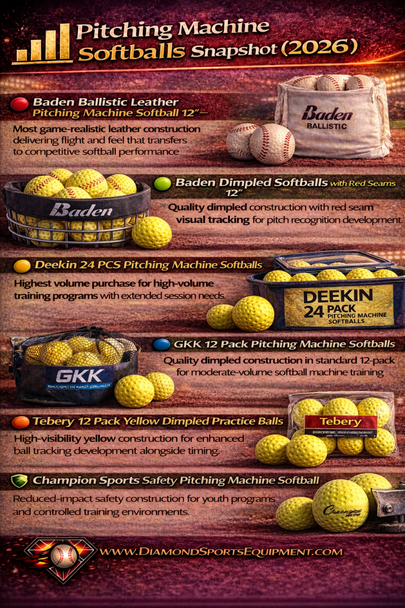Best pitching machine softballs for 2026 featuring Baden Ballistic leather, Baden dimpled with red seams, Deekin 24 pack, GKK 12 pack, Tebery yellow dimpled balls, and Champion Sports safety softball.