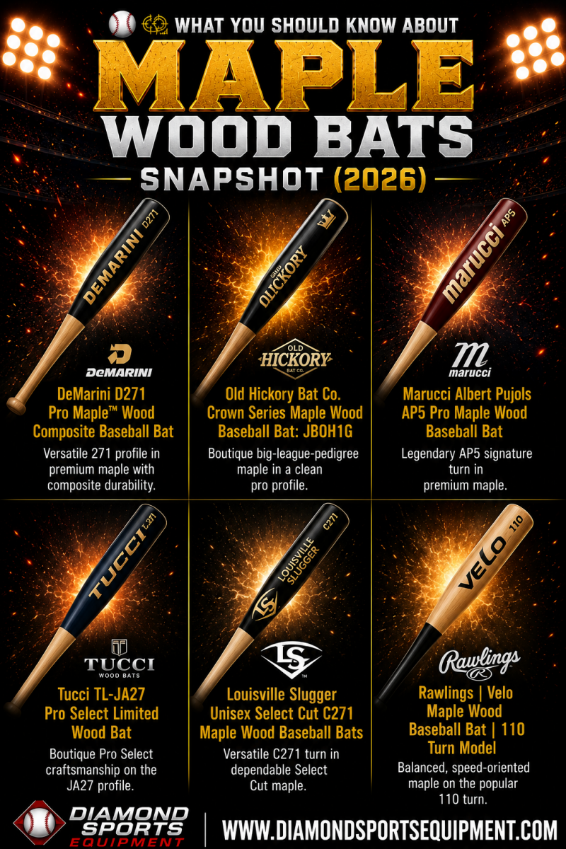 Maple wood bat comparison featuring DeMarini, Old Hickory, Marucci, Tucci, Louisville Slugger, and Rawlings maple baseball bats.