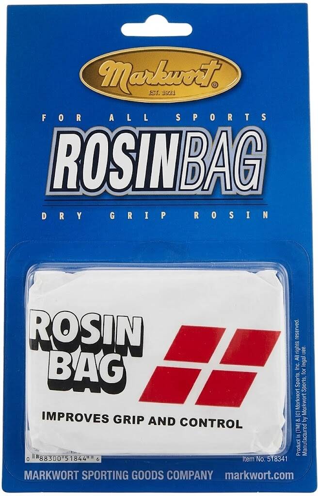 Markwort rosin bag for baseball players, white dry grip bag in blue retail blister packaging.