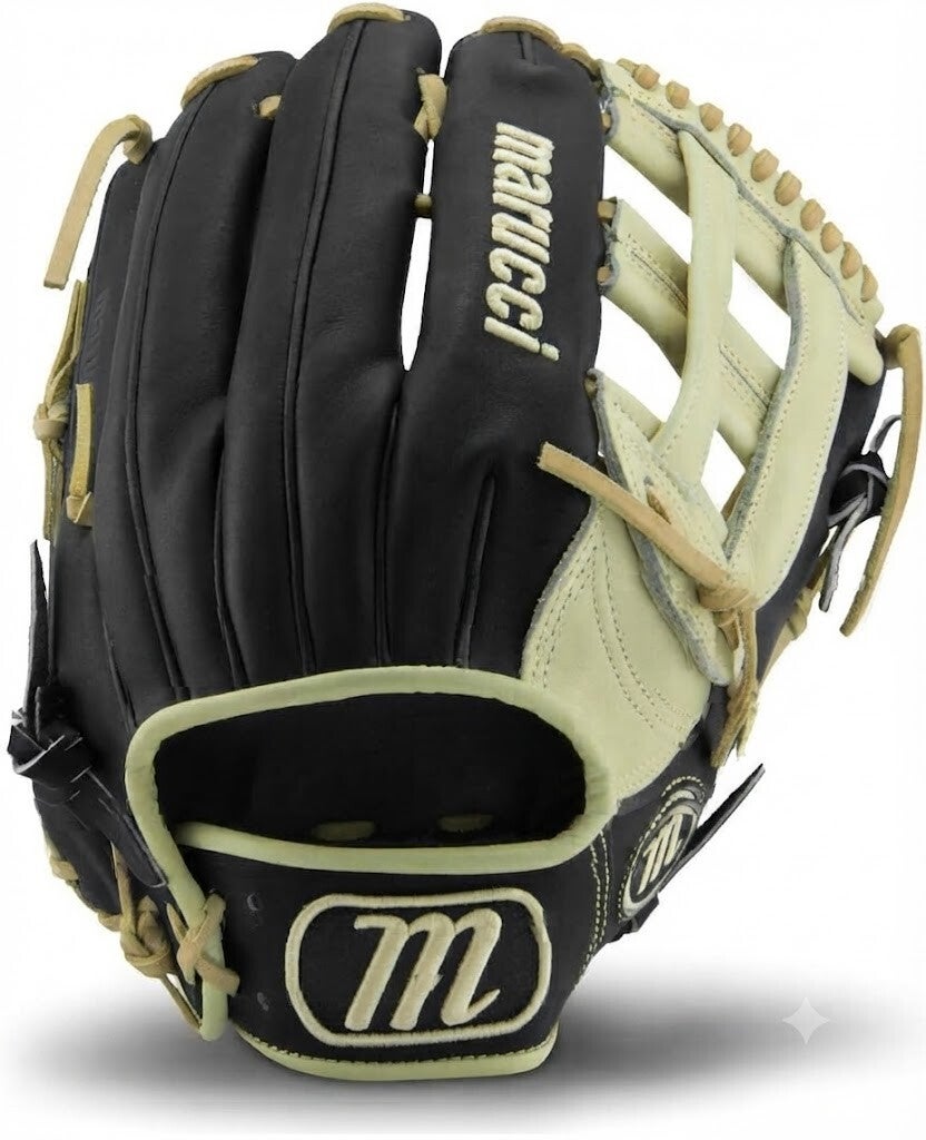 Marucci 12.75 Inch H-Web, a leather outfield glove with an H-Web in black and cream with tan lacing.