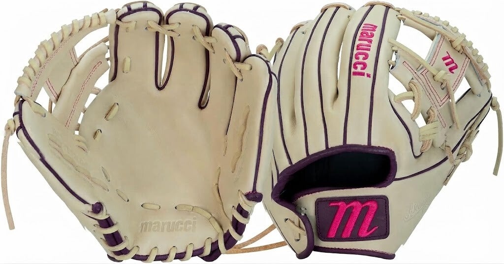 Marucci Ascension Fastpitch, a full-grain leather fastpitch glove with an I-Web and M Type fit system, in black and cream with tan lacing.