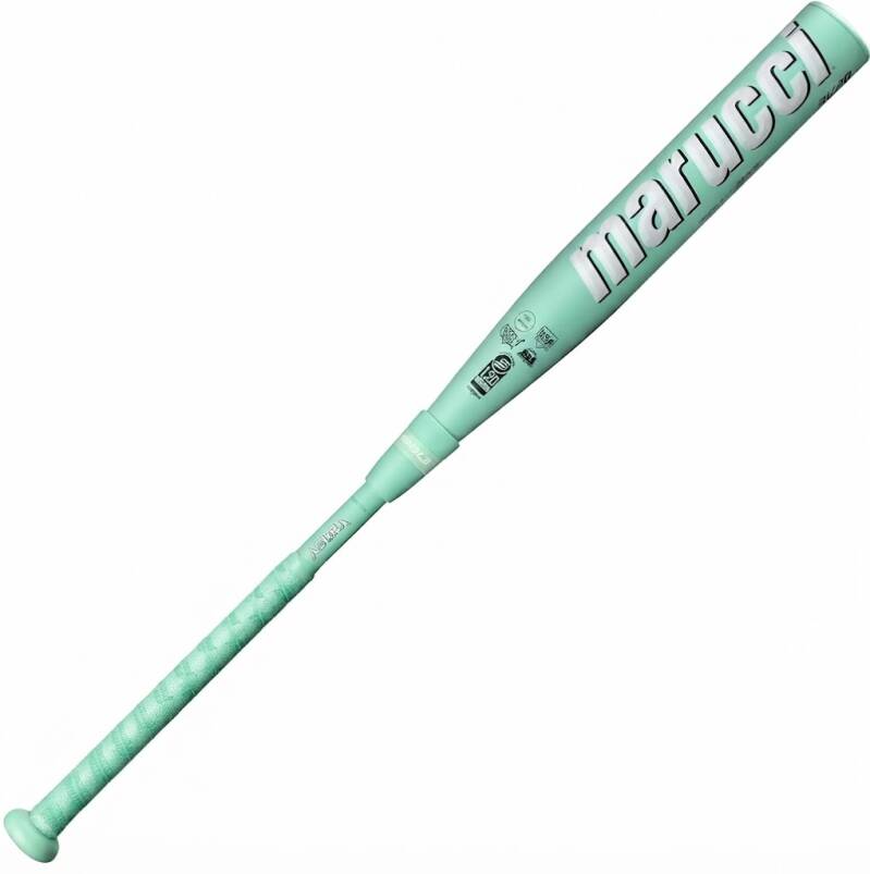 Marucci Asura Fastpitch Softball Bat, a mint green bat with white lettering and a matching mint green grip.