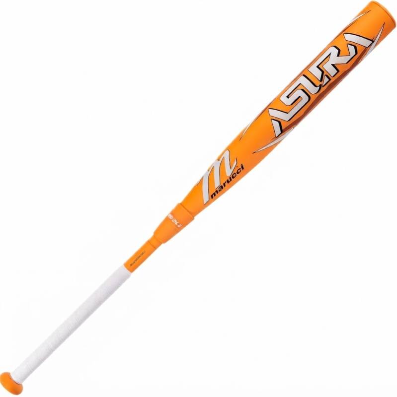 Marucci Asura Limited Edition Fastpitch Softball Bat, an orange bat with white lettering and a white grip.