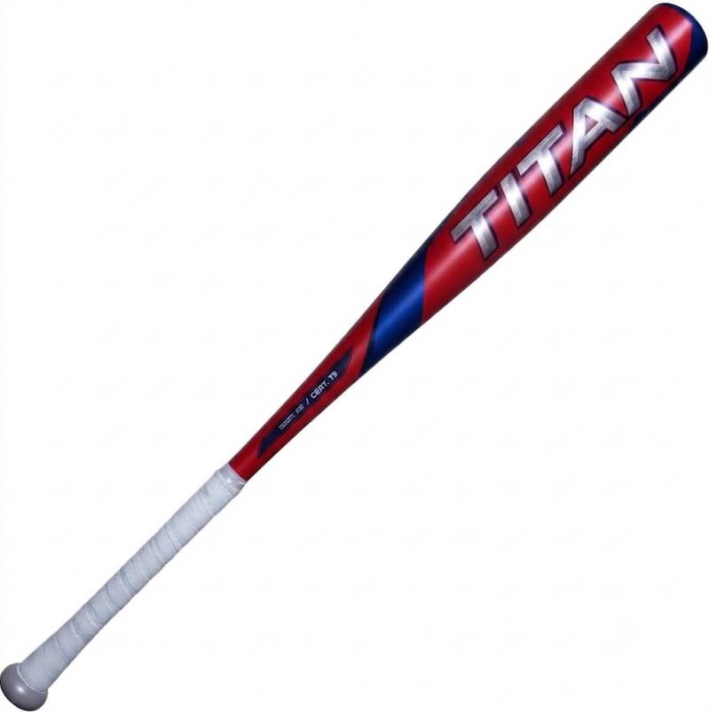 Marucci CAT9 Pastime -3 BBCOR Metal Baseball Bat in red with a navy diagonal band and a white grip.