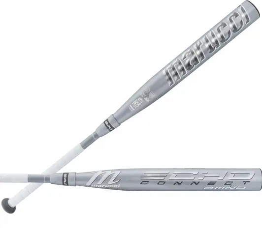 Marucci Echo Connect DMND2 Fastpitch Bat displayed showing its two-piece composite construction and Echo Connect DMND2 barrel technology for competitive fastpitch power hitters.