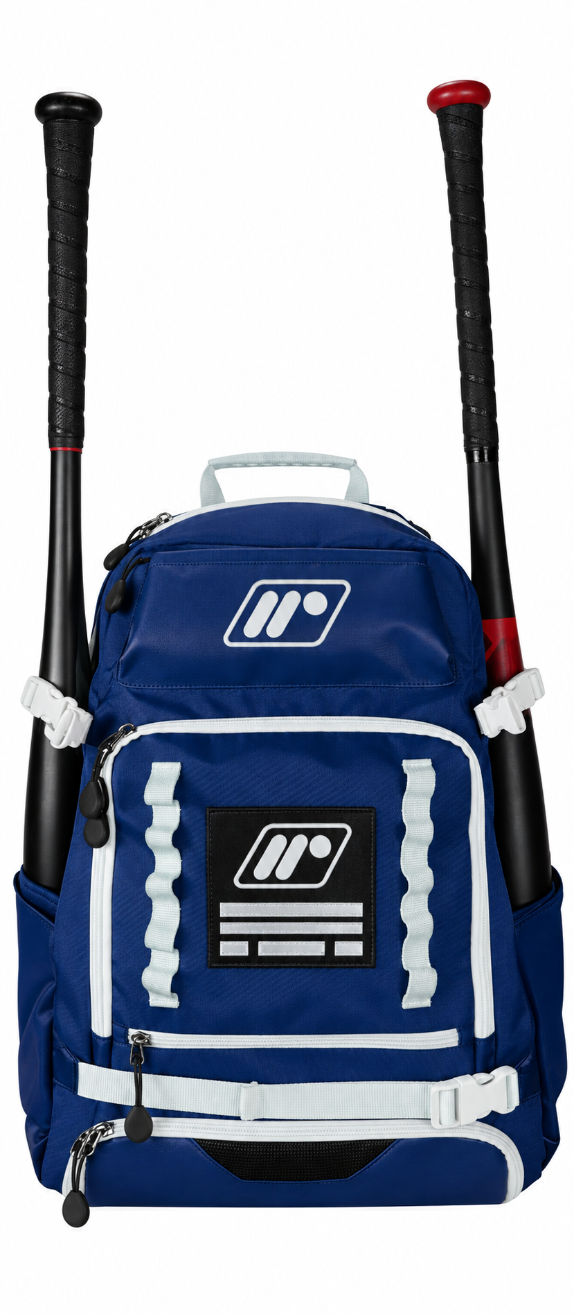 Bat bag for baseball by Marucci, in navy with white trim.