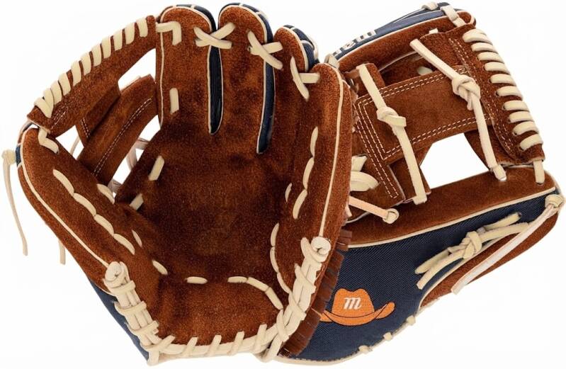 Marucci Limited Edition Nightshift Cowboy 11.5" baseball glove in brown suede and navy with tan lacing.
