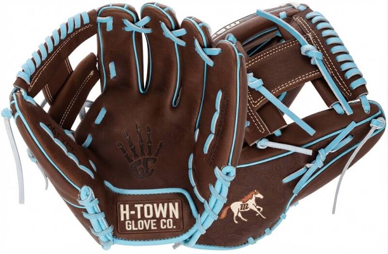 Marucci Limited Edition Nightshift Stallion 11.5" Baseball Glove (MFGNTSHFT-0302), an 11.5" fielding glove in brown leather with light blue lacing and a horse graphic on the wrist.