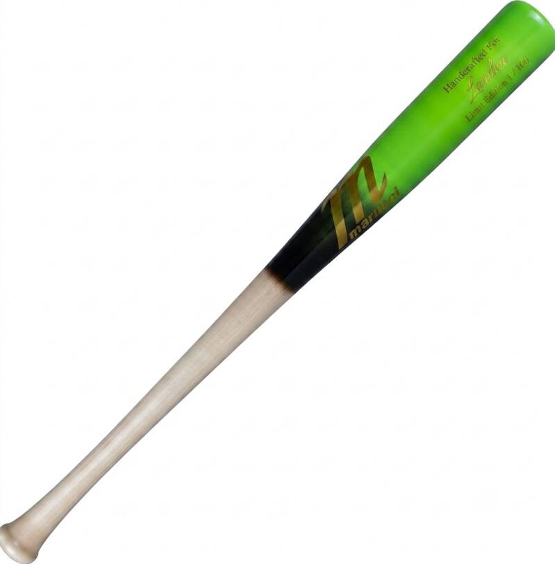MARUCCI LINDY12 Youth PRO Exclusive Tar Fade/Lime Green Youth Maple Wood BAT shown displaying its bold two-tone finish.