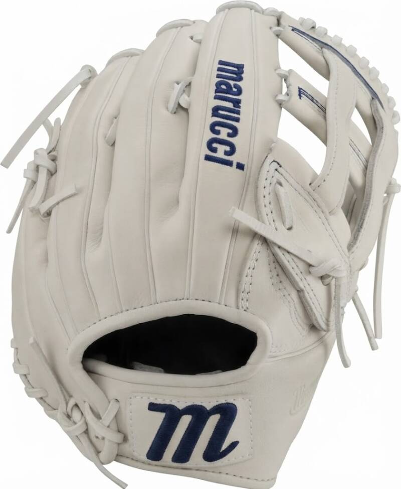 Marucci Magnolia Series, a fastpitch fielding glove designed for the female hand, in all-white leather with navy trim and a deep, secure pocket.