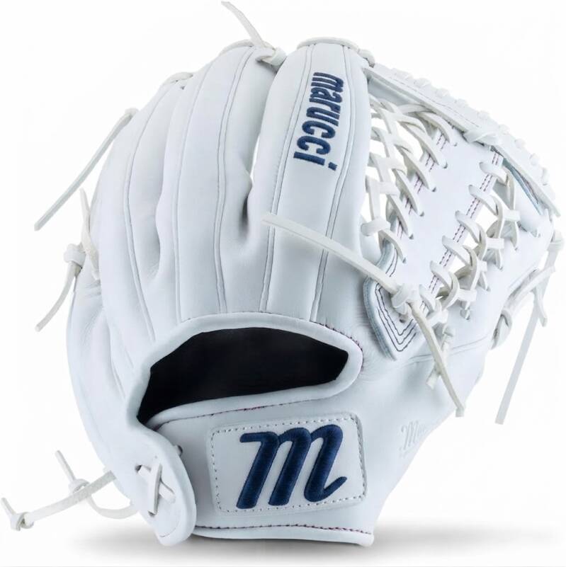 MARUCCI Magnolia V3 Fastpitch Glove, a fastpitch glove tailored to the female hand, in all-white leather with navy Marucci lettering.