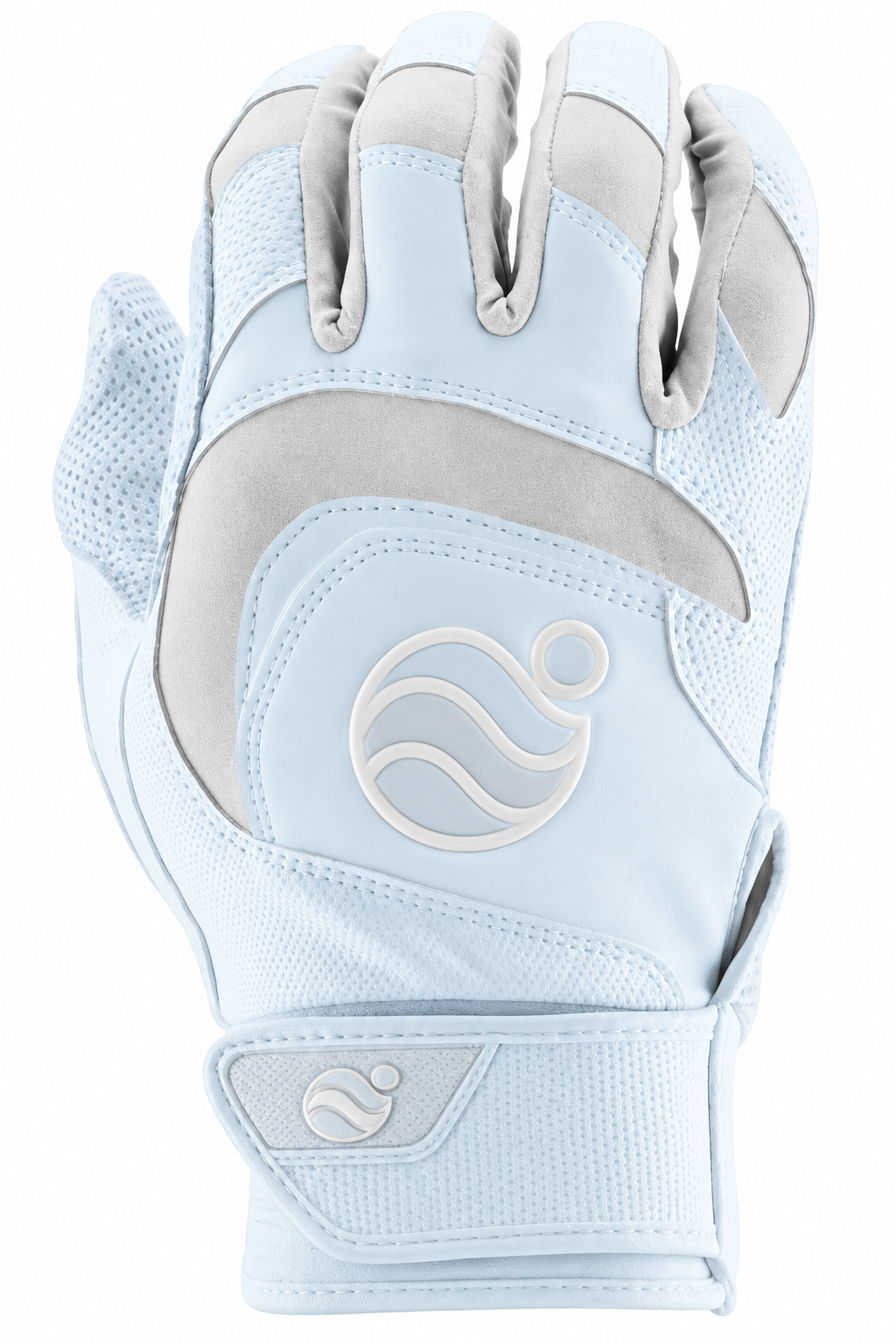 Batting gloves by Marucci in white, with gray panels and mesh sides.