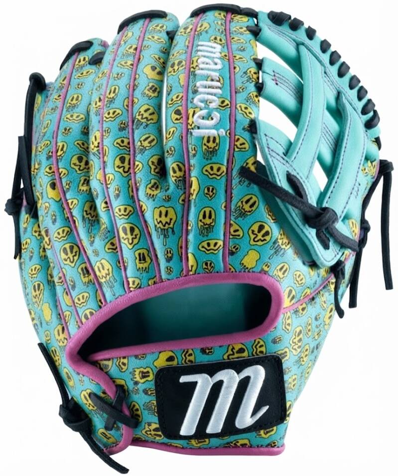 Marucci Nightshift: Drippy MFGNTSHFT-0304 - 11.75", an 11.75-inch fielding glove in a teal finish with a yellow melting-smiley-face print and pink trim.