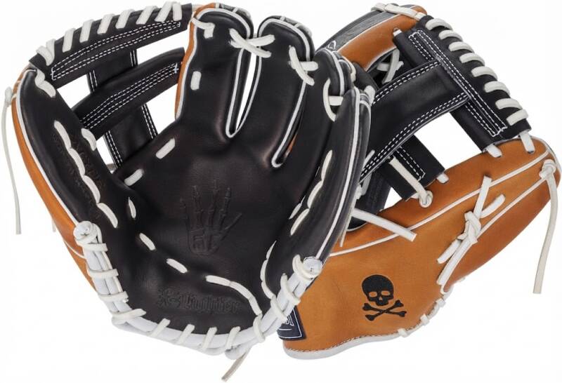 Marucci Nightshift Nightcrawl Limited Edition baseball glove in black and tan with white lacing and skull logo.