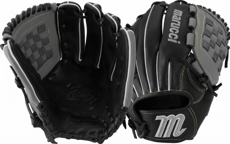 Marucci Oxbow Series Baseball Fielding Glove, a leather fielding glove in black with gray checkerboard web panels and white accents.