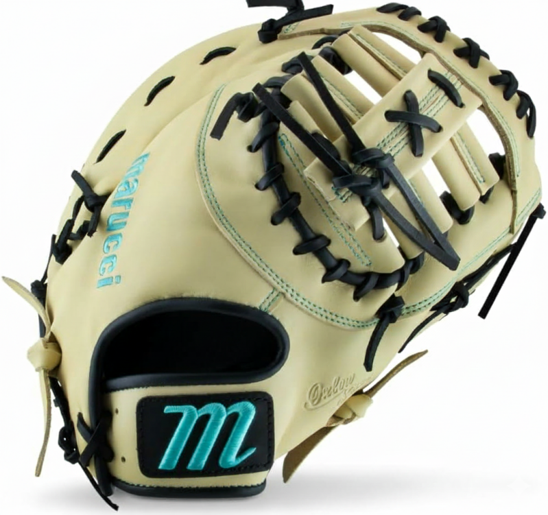 Marucci Oxbow V3 first base mitt in camel and black with teal accents, deep Oxbow pocket pattern and top-grain cowhide leather for competitive players.